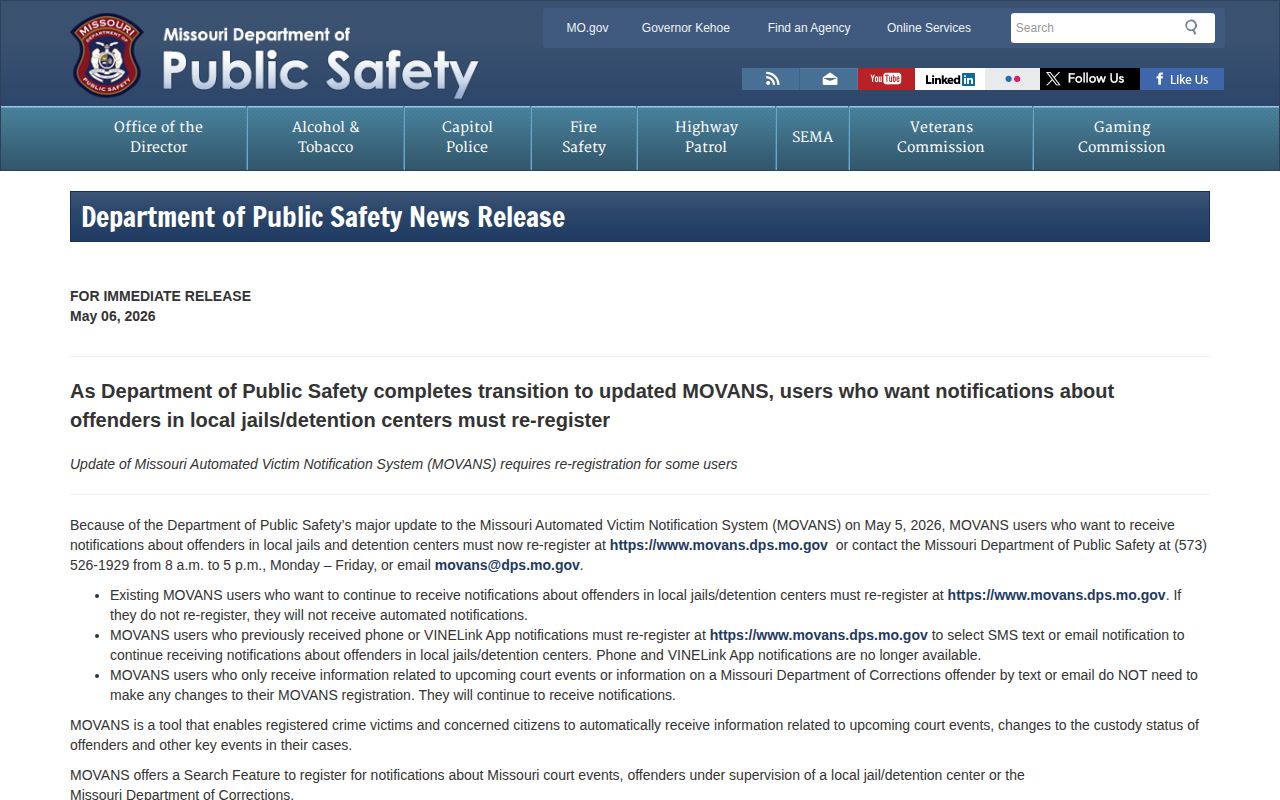 Missouri DPS May 2026 notice about MOVANS local jail re-registration